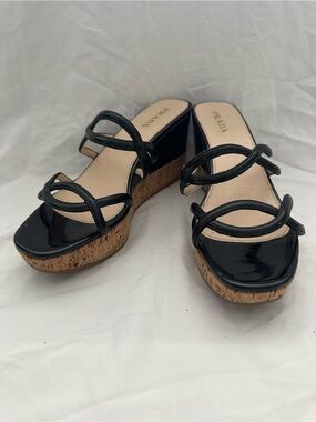 Prada Black Patent Leather Cork Platform Sandals 40.5